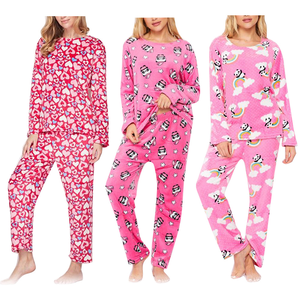 Women's Fleece Plush Pajama Set Print Design Casual Sleepwear Top & Bottom Set