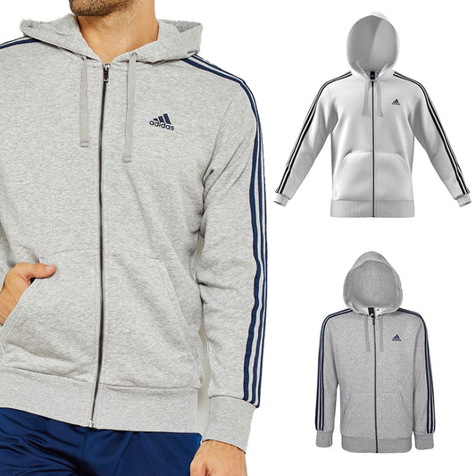 Adidas Men's Essential 3 Stripe Front Pocket Zip Up Hoodie