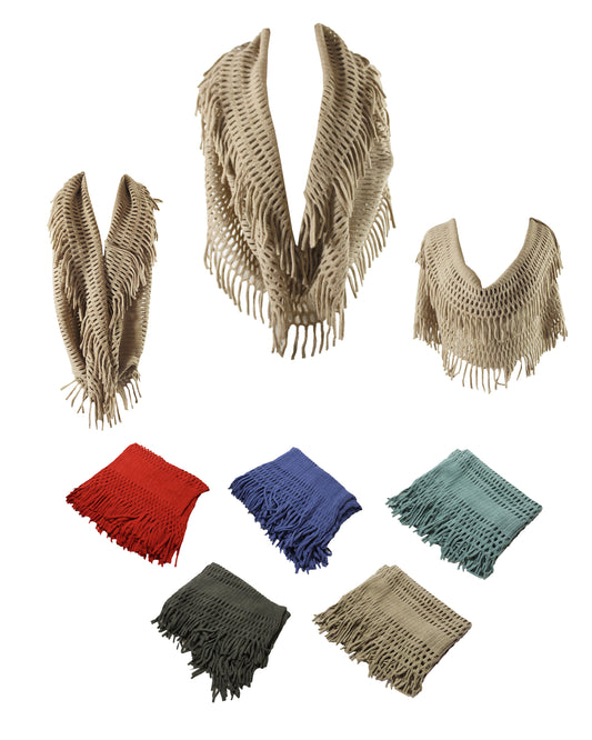 DBFL1 Women's Fringe Knitted Crochet Cutout Infinity Loop Scarf 5 Colors