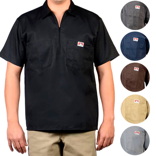Ben Davis Men's Short Sleeve Solid Color Cotton Blend Pockets 1/2 Zip Shirt