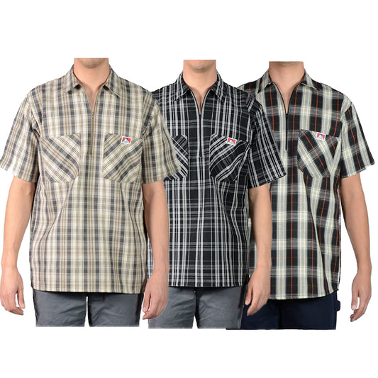 Ben Davis Men's Shirt Short Sleeve Plaid Half-Zip Collared Pockets Work Shirt