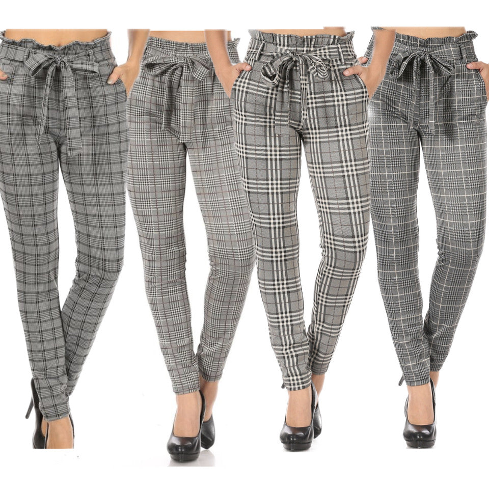Women's High Waisted Pants Plaid Paper Bag Waist Side Pockets Waist Tie Bottoms