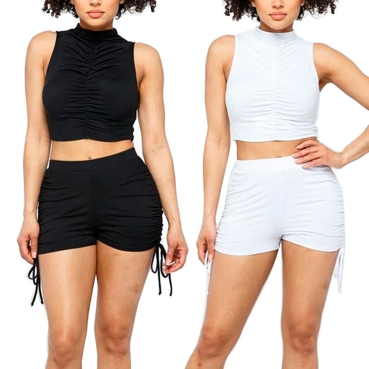 Women's Crop Top & Shorts Casual  High Waisted Loungewear Shirring Fabric Set