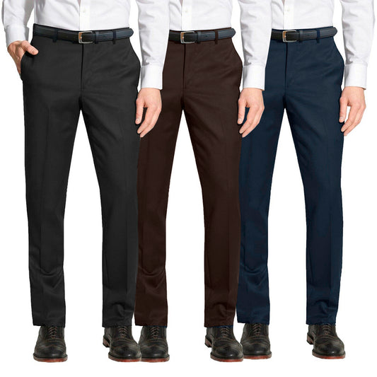 Mens Dress Belt Pants Flat Front Formal Slim Fit Trousers Multiple