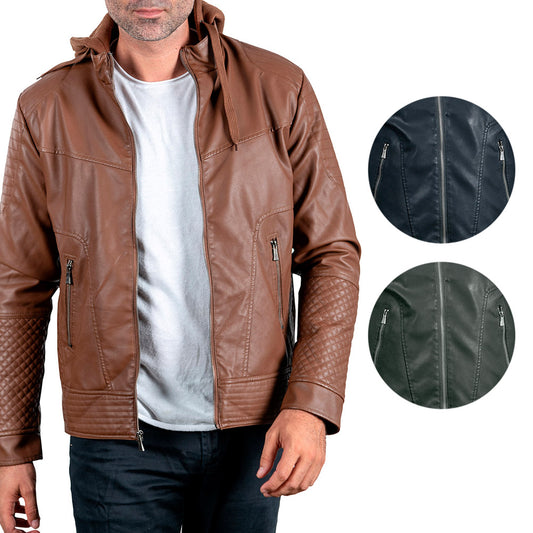 Mens PU Leather Jacket Removable Hoodie Biker Style Slim Fit