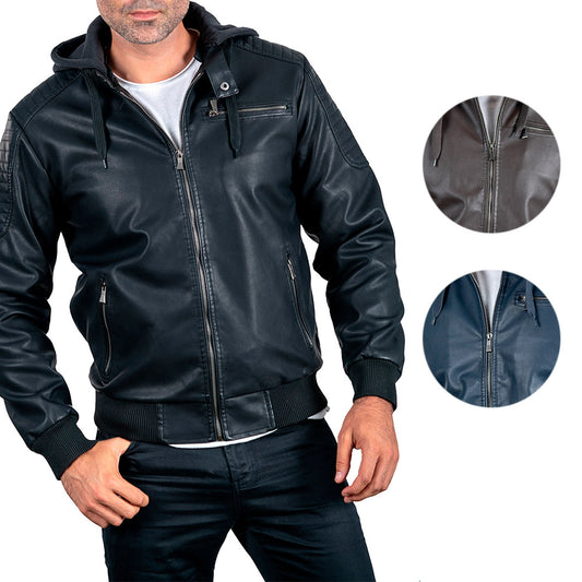 Mens PU Leather Bomber Jacket Removable Hoodie Shoulder Detail Slim Fit
