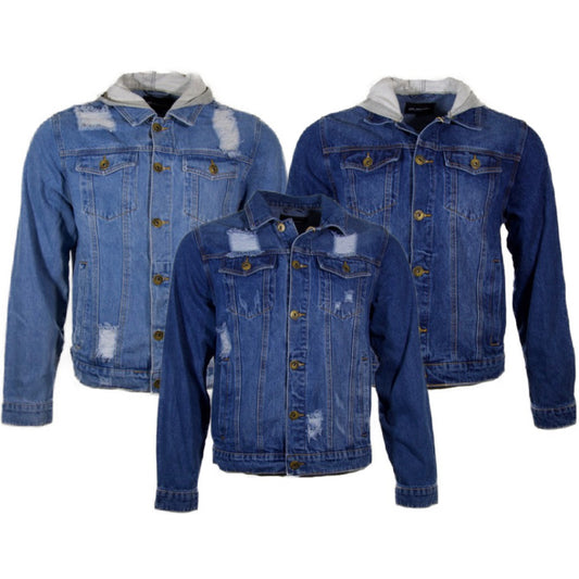 Men's Jean Jacket Distressed Blue Denim Classic Long Sleeve Jean Trucker Jacket