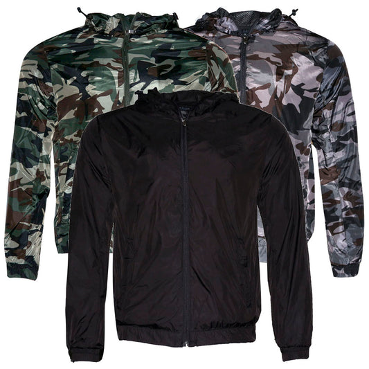 Mens Zipper Windbreaker Jacket Polyester Side Pockets Hoodie Mesh Lining