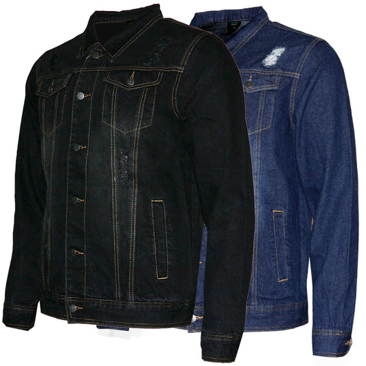 Mens Denim Jean Jacket Premium Distressed Stonewash Cotton Slim Fit