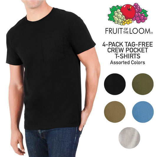 Fruit of The Loom Men's 4 Pack Dual Defense Short Sleeve Tag-Free Pocket T Shirt