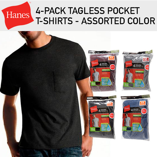 Hanes 4-Pack Men's Pocket Tagless T-Shirt ComfortSoft Crewneck Assorted Colors