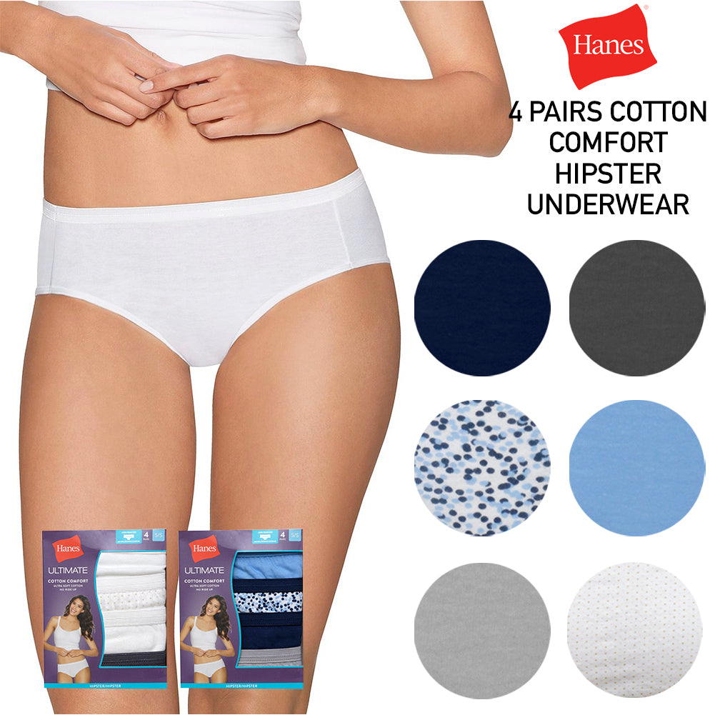 Hanes Women's 4 Pack Ultimate Cotton Comfort Mid Rise Moderate Coverage Hipsters