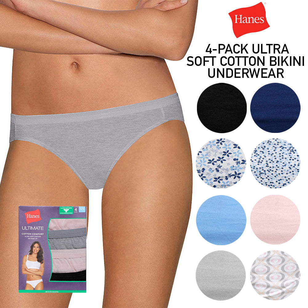 Hanes Women's 4 Pack Ultimate Cotton Comfort Low Rise Moderate Coverage Bikinis