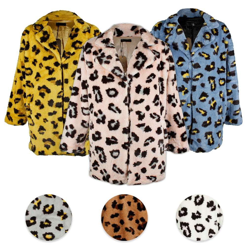 Janice Apparel Women's Faux Fur Animal Print Leopard Notch Collar Jacket No Size