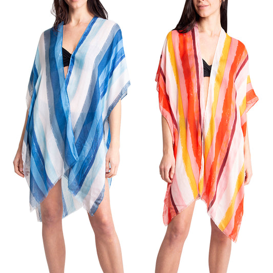 Women's Kimono Summer Striped Print Lightweight Long Top Cover Beachwear Dress