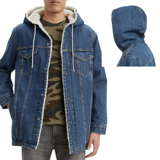 Levis Mens Denim Jean Jacket Sherpa Lined Drawstring Hooded Tall Long Fit 72795