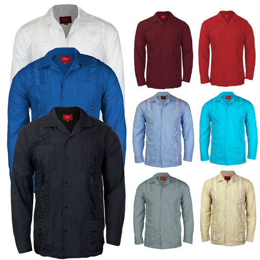 Men's Long Sleeve Guayabera Cuban Beach Wedding Button-Up Casual Dress Shirt