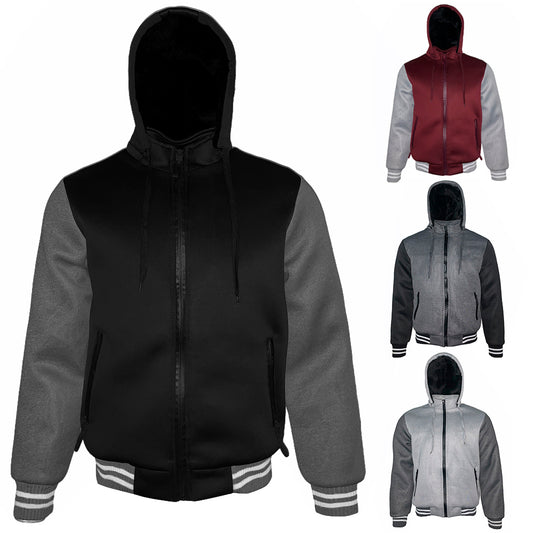 Mens Bomber Varsity Jacket Zip Up Faux Fur Lining Removable Hoodie
