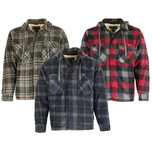 Maxxsel Men's Sherpa Lined Plaid Polar Fleece Flannel Zip Up Hooded Shirt Jacket