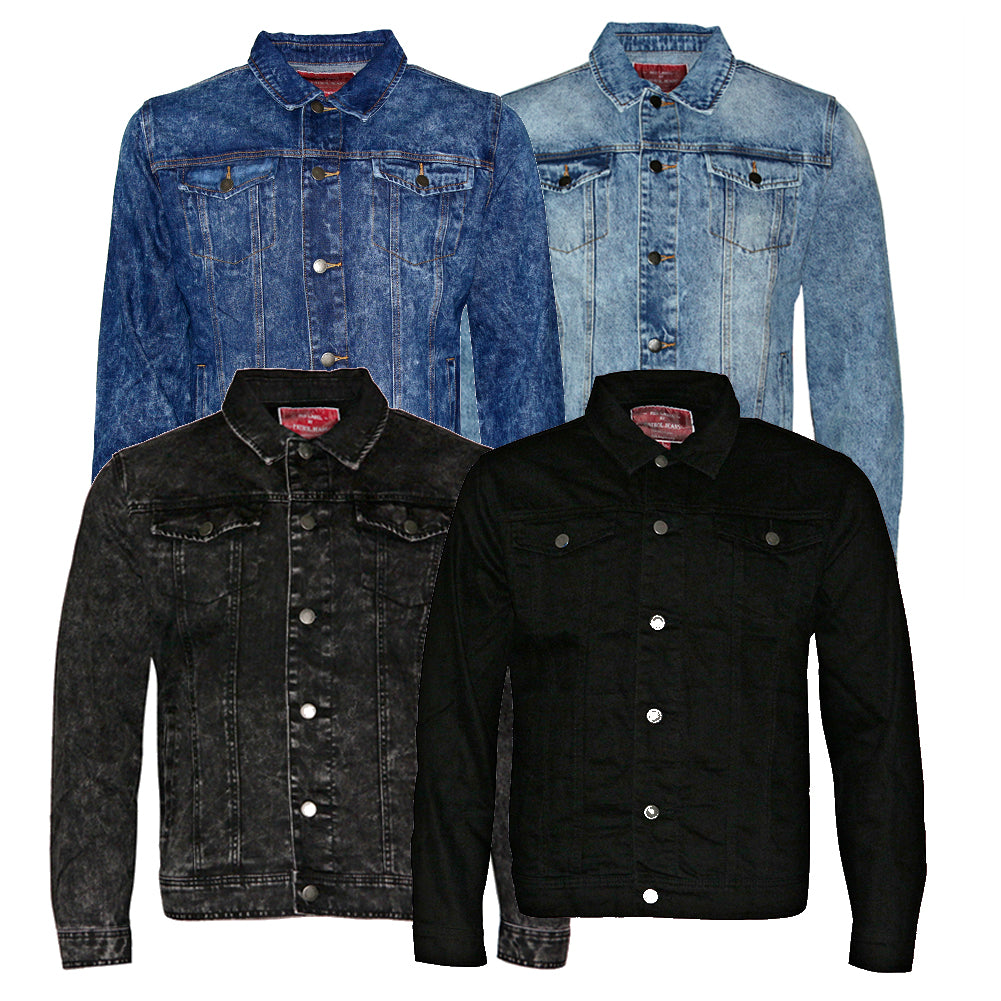 Mens Denim Jean Jacket Faded Premium Cotton Button Up Slim Fit Red Label