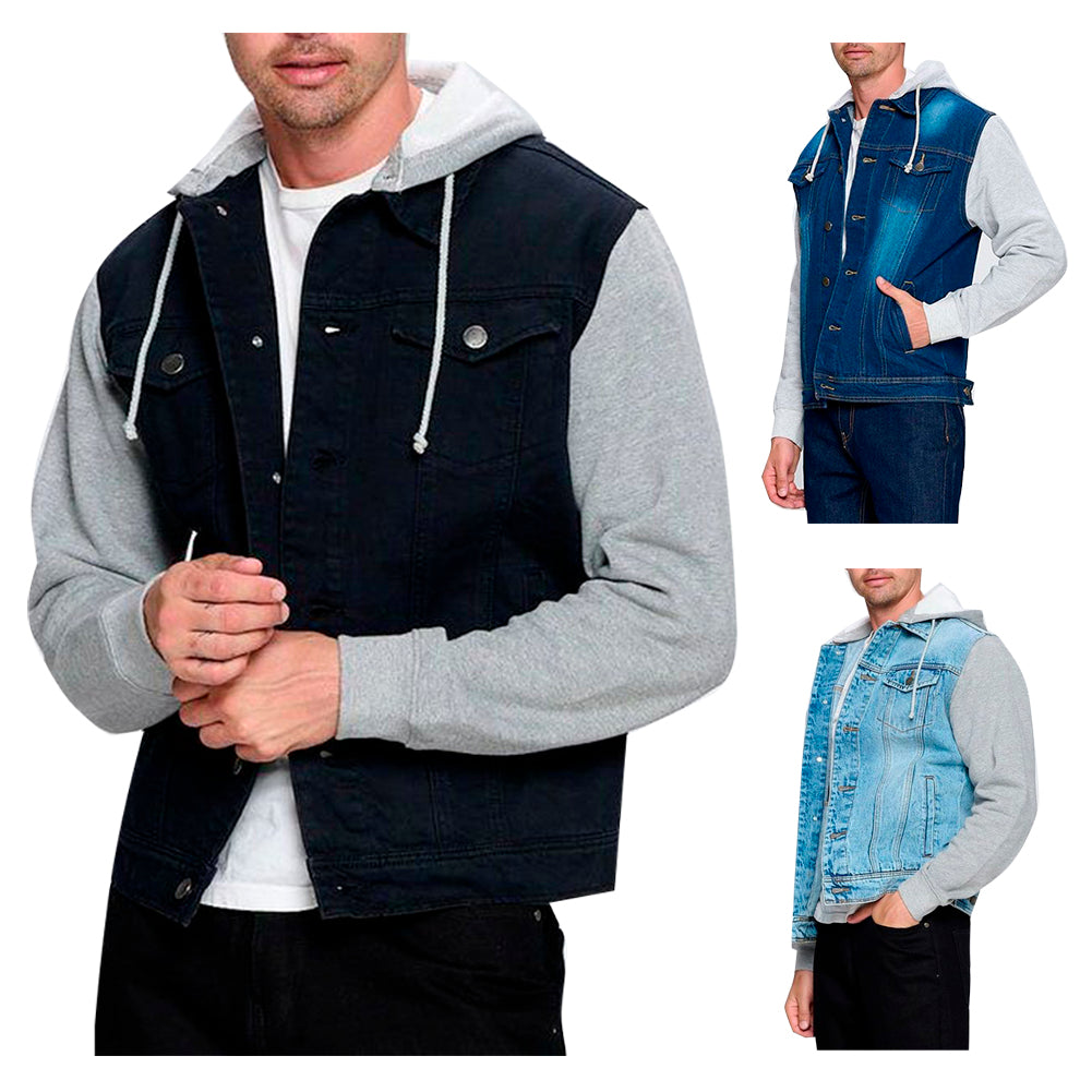 Men's Jean Jacket Hoodie Cotton Denim Long Sleeve Hybrid Hooded Trucker Jacket