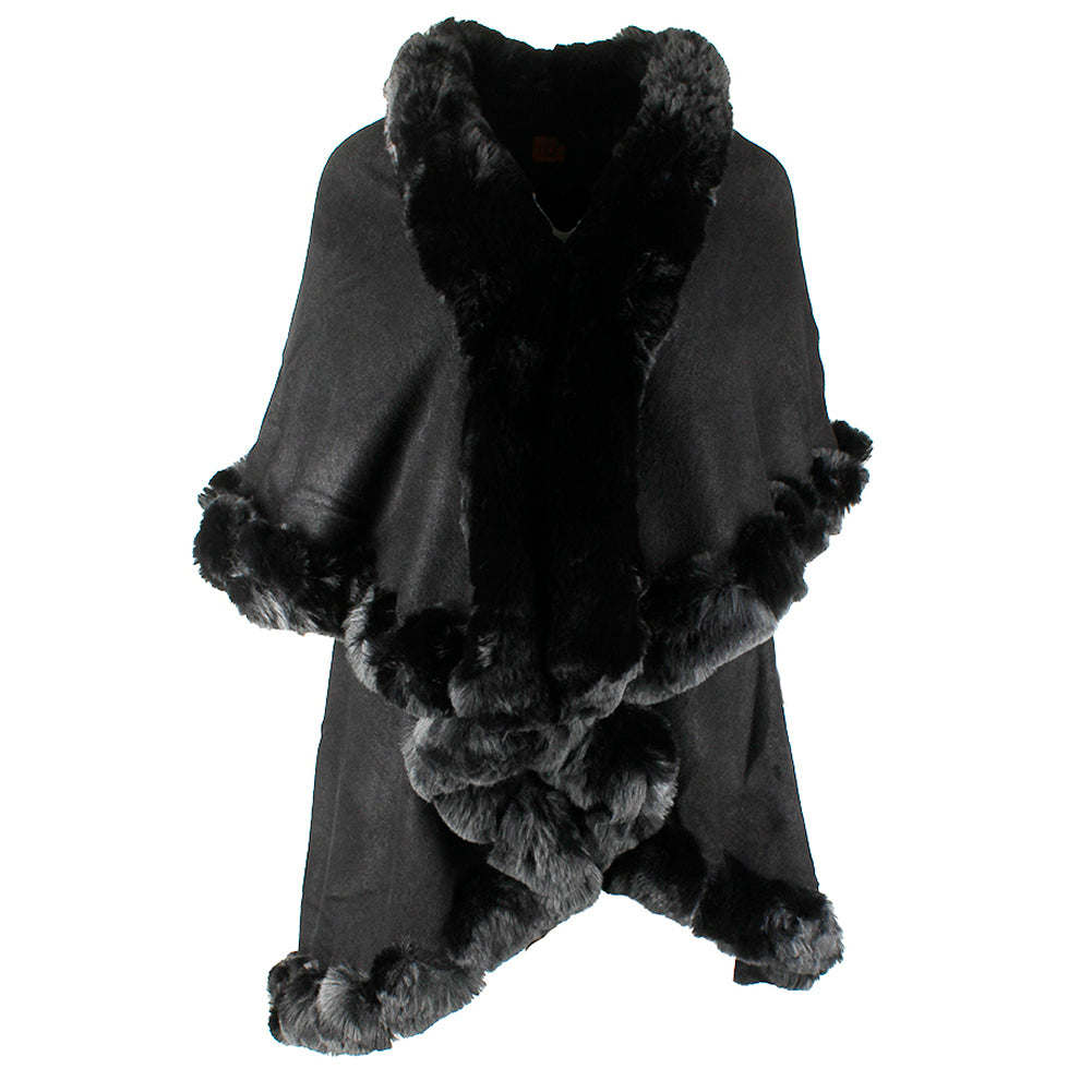 Very Moda Women's Trimmed Faux Fur Multi Layer Knitted Cape No Size