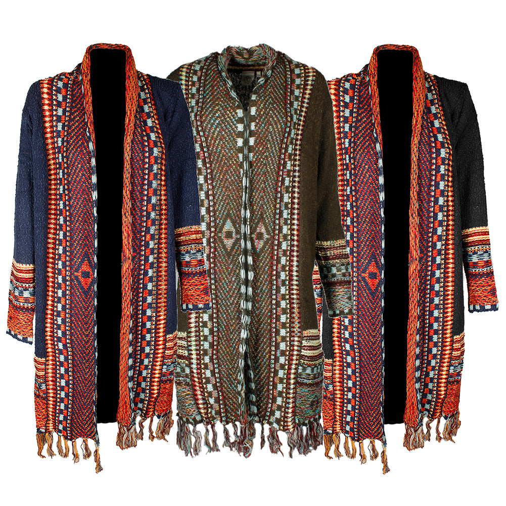 Very Moda Women's Long Sleeve Native Print Shawl Collar Fringed Cardigan