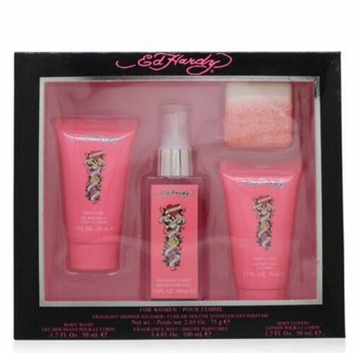 Ed Hardy 4 Pieces Gift Set for Women, (3.4 Ounce Body Mist + 1.7 Ounce Body Lotion + 1.7 Ounce Body Wash + 2.65 Ounce Shower Steamer)