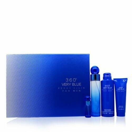 Perry Ellis 360 Very Blue 4 Pieces Gift Set for Men, (3.4 Ounce Eau de Toilette Spray + 6.8 Ounce Body Spray + 3.0 Ounce Shower Gel + 0.25 Ounce Eau de Toilette Spray)
