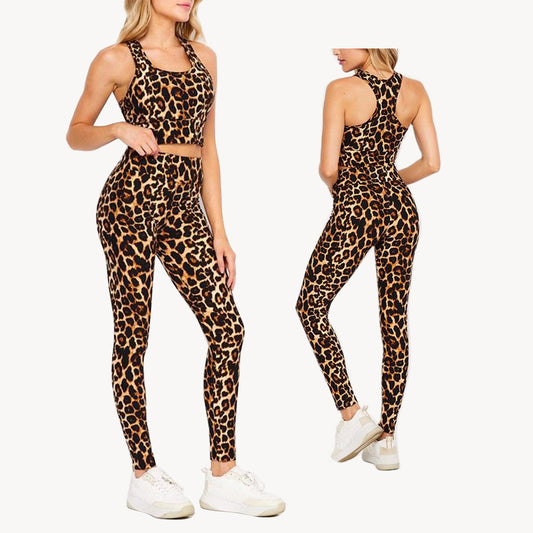 Womens Leggings and Bra 2-Piece Set Leopard Print Active Padded Bra Soft Spandex
