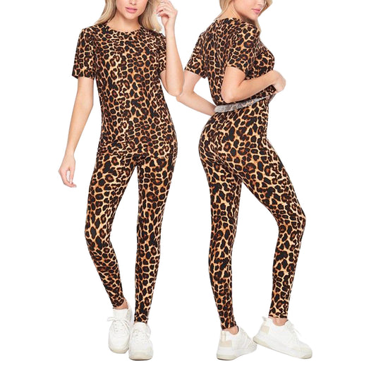Womens Leggings & T-Shirt 2-Piece Set Leopard Print Brushed Soft Spandex Outfit
