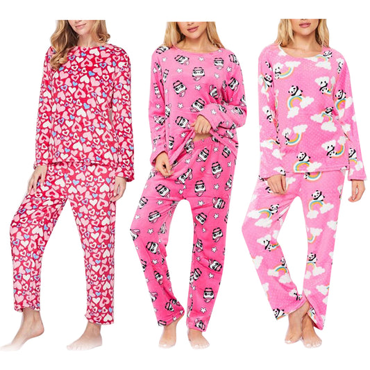 Women's Fleece Plush Pajama Set Print Design Casual Sleepwear Top & Bottom Set