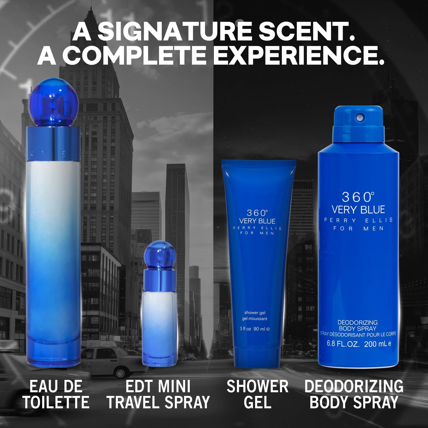 Perry Ellis 360 Very Blue 4 Pieces Gift Set for Men, (3.4 Ounce Eau de Toilette Spray + 6.8 Ounce Body Spray + 3.0 Ounce Shower Gel + 0.25 Ounce Eau de Toilette Spray)