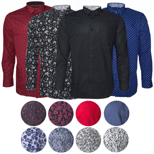 Mens Long Sleeve Print Cuff Button Dress Shirt Classic Fit