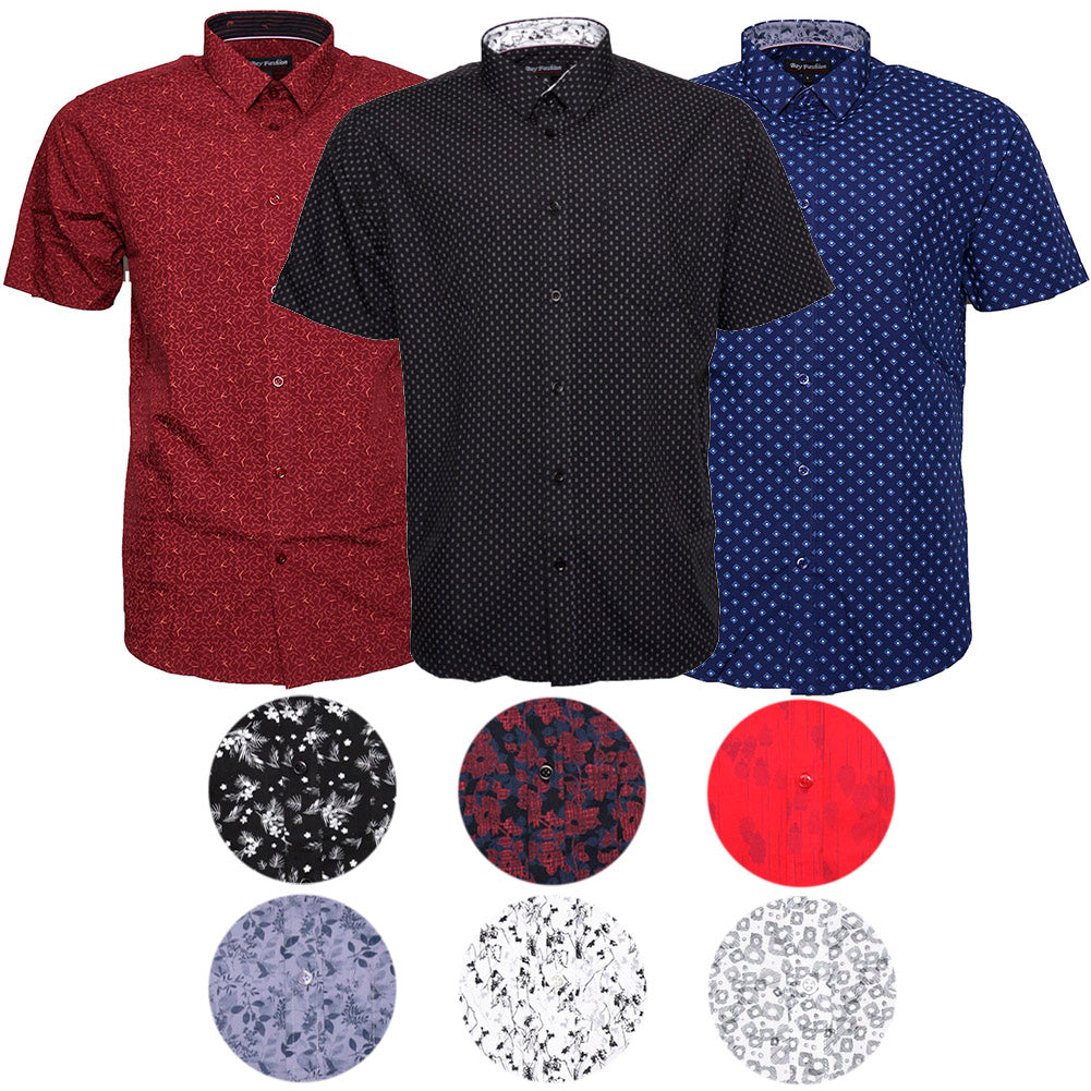 Mens Short Sleeve Print Cuff Button Dress Shirt Classic Fit