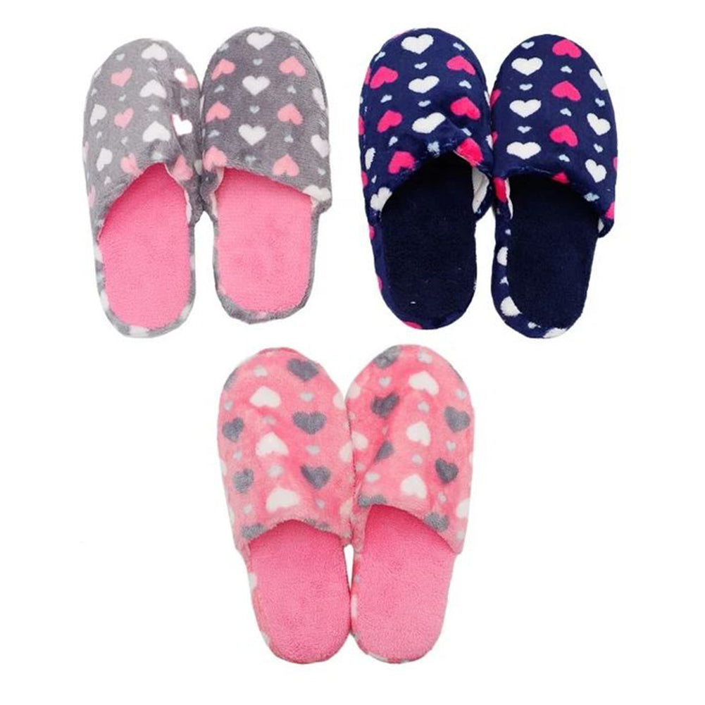 Womens Slippers Heart Print Plush Foam Rubber Sole Lounge Faux Fur House Shoes