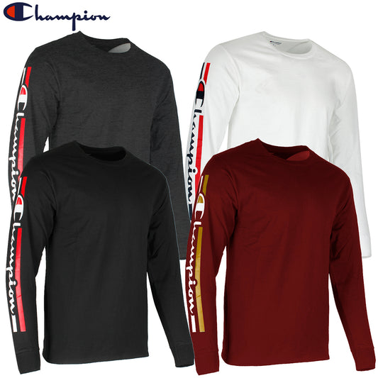 Champion Men's GT78H Long Sleeve Striped Script Logo Crew Neck T Shirt
