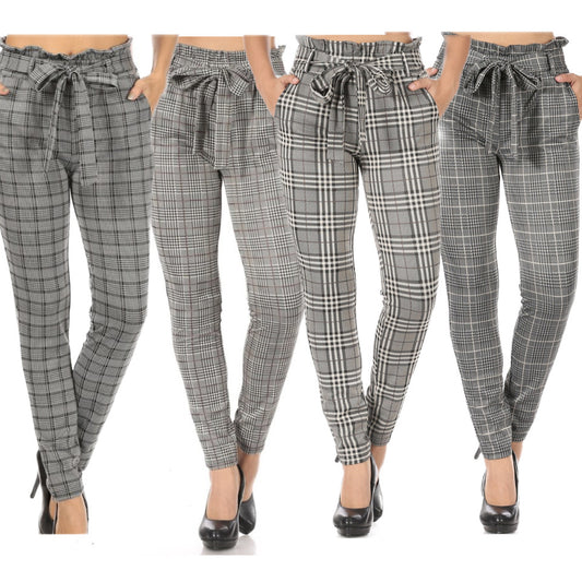 Women's High Waisted Pants Plaid Paper Bag Waist Side Pockets Waist Tie Bottoms