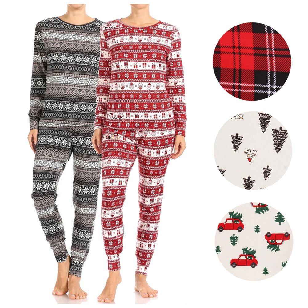 Womens Pajama Holiday 2 Piece Set Fleece Lined Christmas Top and Bottom Set