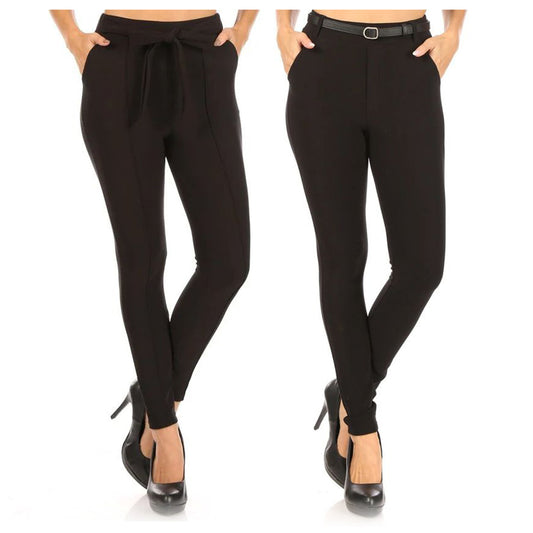 Womens Treggings Skinny Pants Pull On Straight Leg Belted Side Pocket Bottoms