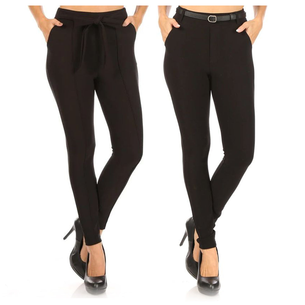 Womens Treggings Skinny Pants Pull On Straight Leg Belted Side Pocket Bottoms