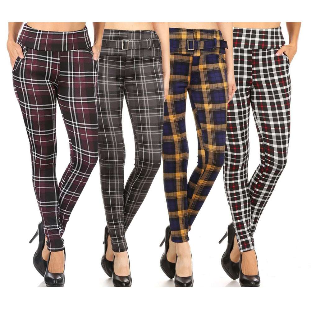 Women's Treggings Skinny Pants High Waisted Stretch Straight Leg Plaid Bottoms