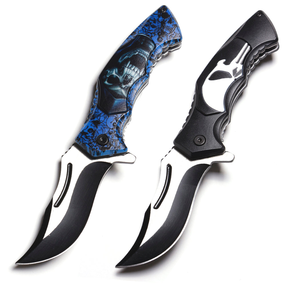 8” Assisted Spring Opening Skull Design Tactical Folding Pocket Knife Blade
