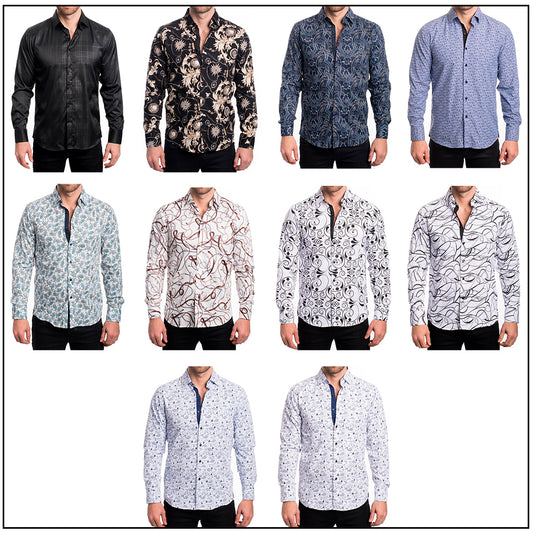 Men's Cotton Dress Shirt Button Long Sleeve Modern Fit Print