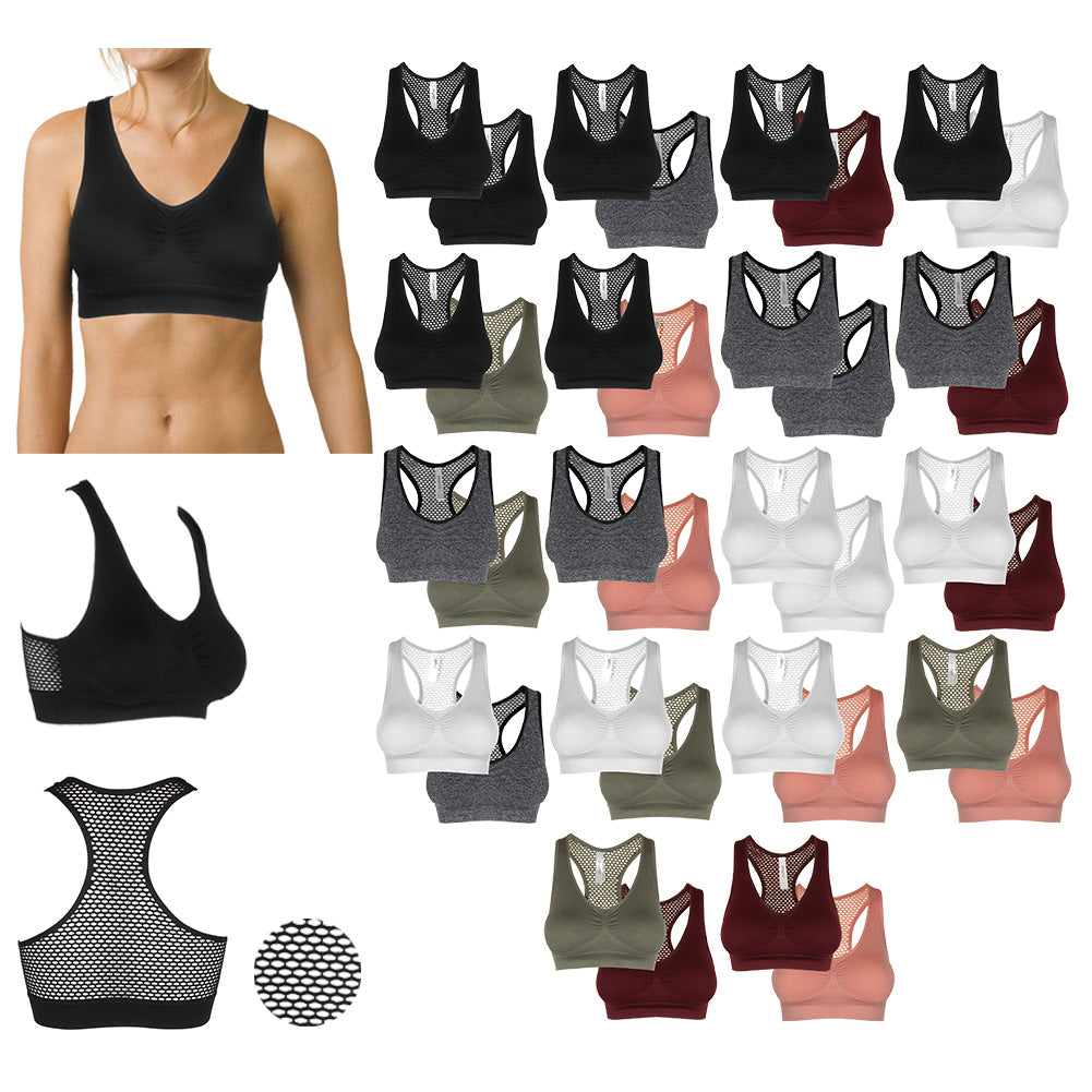 DBFL Mamia Ladies 2 Pack Racerback Removable Pads Mesh Sports Bras One Size