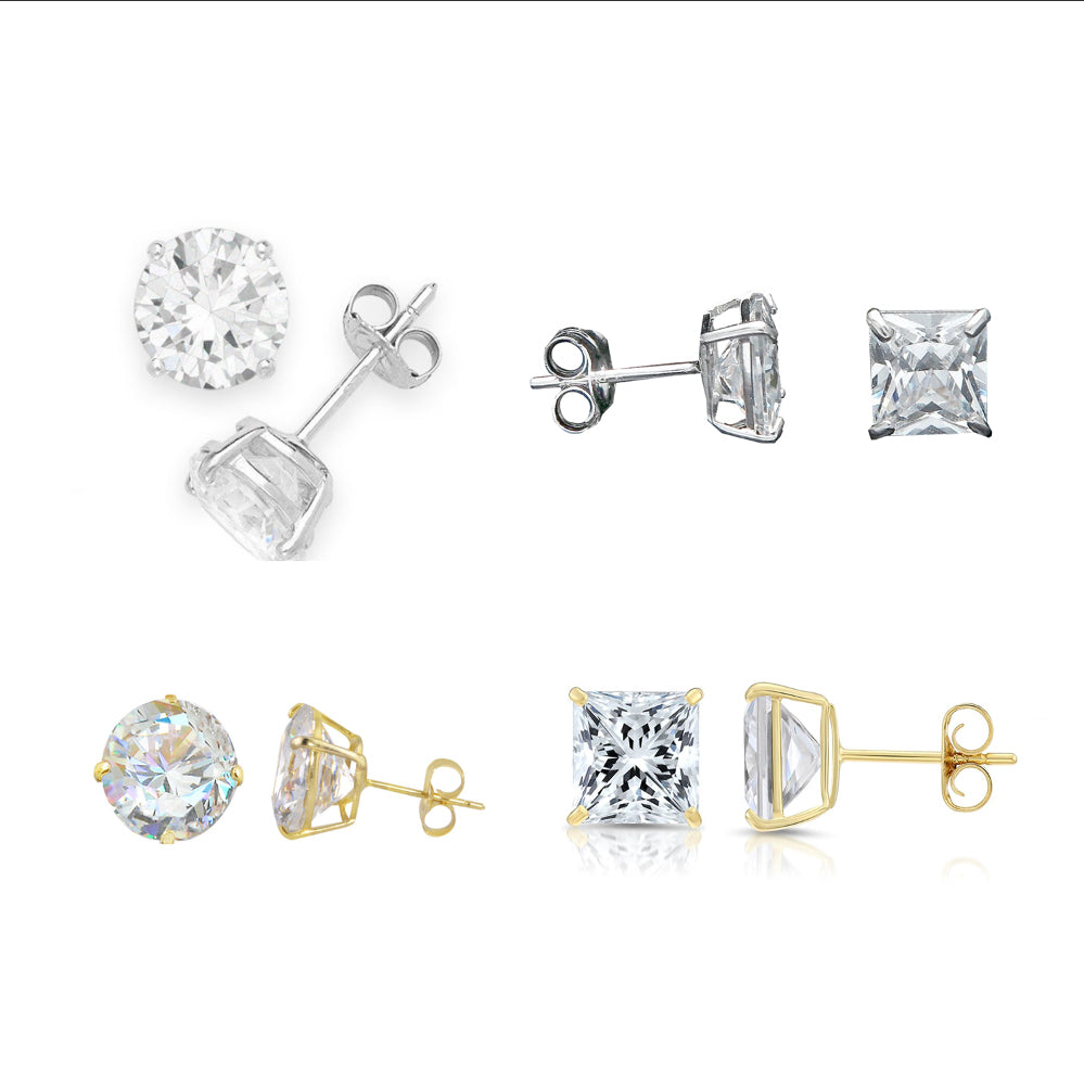 14K Gold Earrings Cubic Zirconia Round or Square CZ Stud in Basket Setting