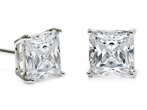 14K Gold Princess Cut CZ Stud Earrings in Basket Setting