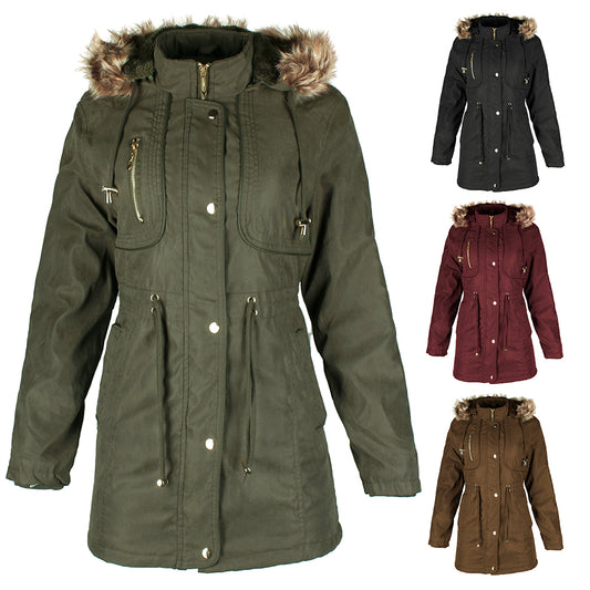 Han Ton Women's Three Quarter Length Sherpa Lined Detachable Hood Jacket