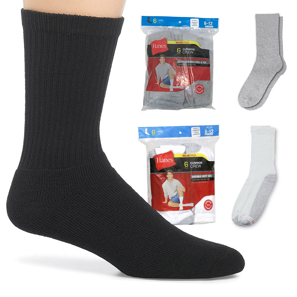 Hanes Adult Mens 6 Pack Extra Durable Cushioned Heel Crew Socks