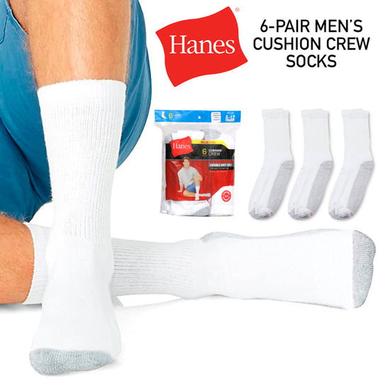 Hanes Men's 6 Pack All Day Comfort Cushion Footbottom Sports Crew Socks
